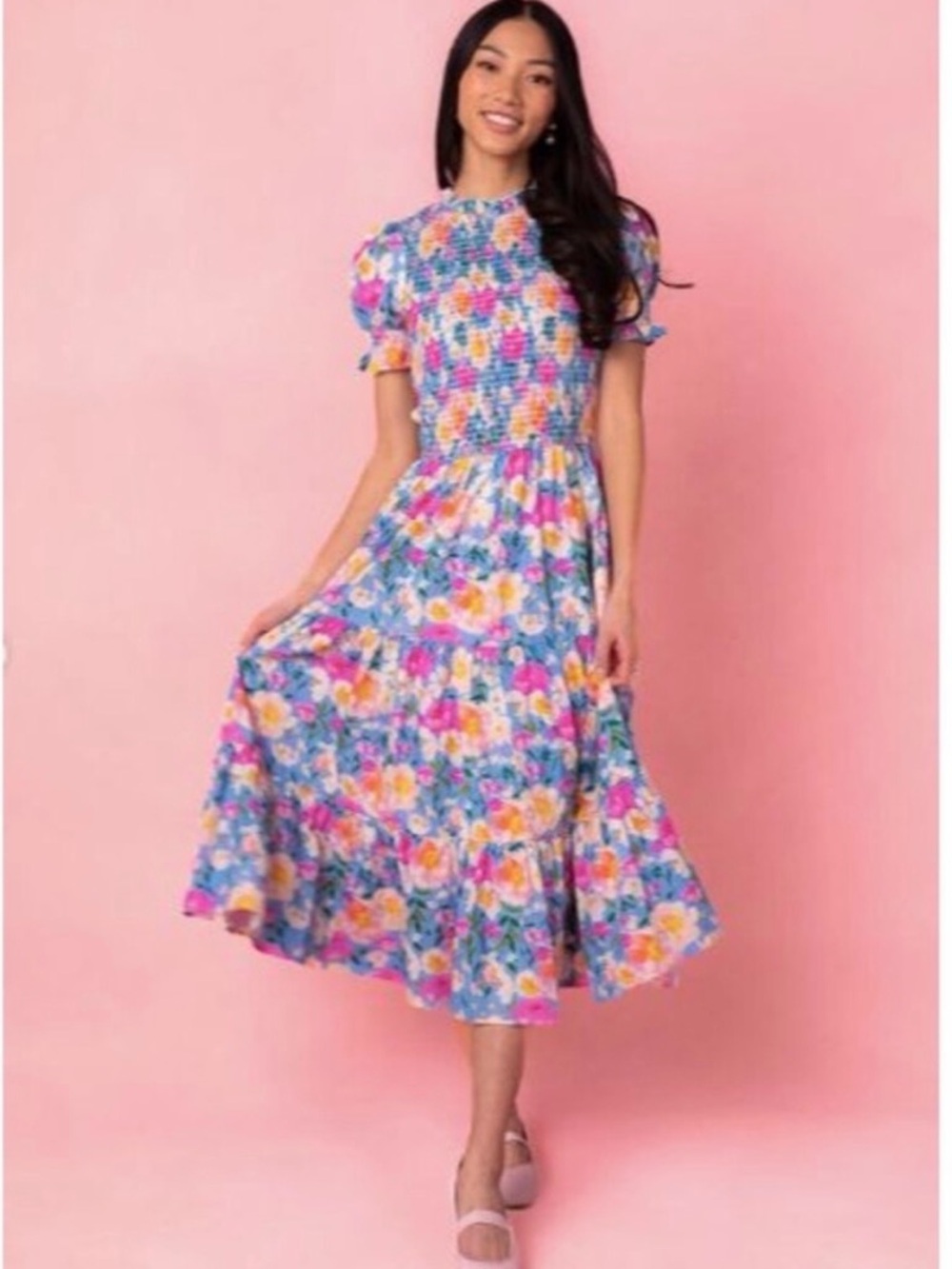 Ivy City Delia Dress Smocked Midi Dress - Blue Multi 3X